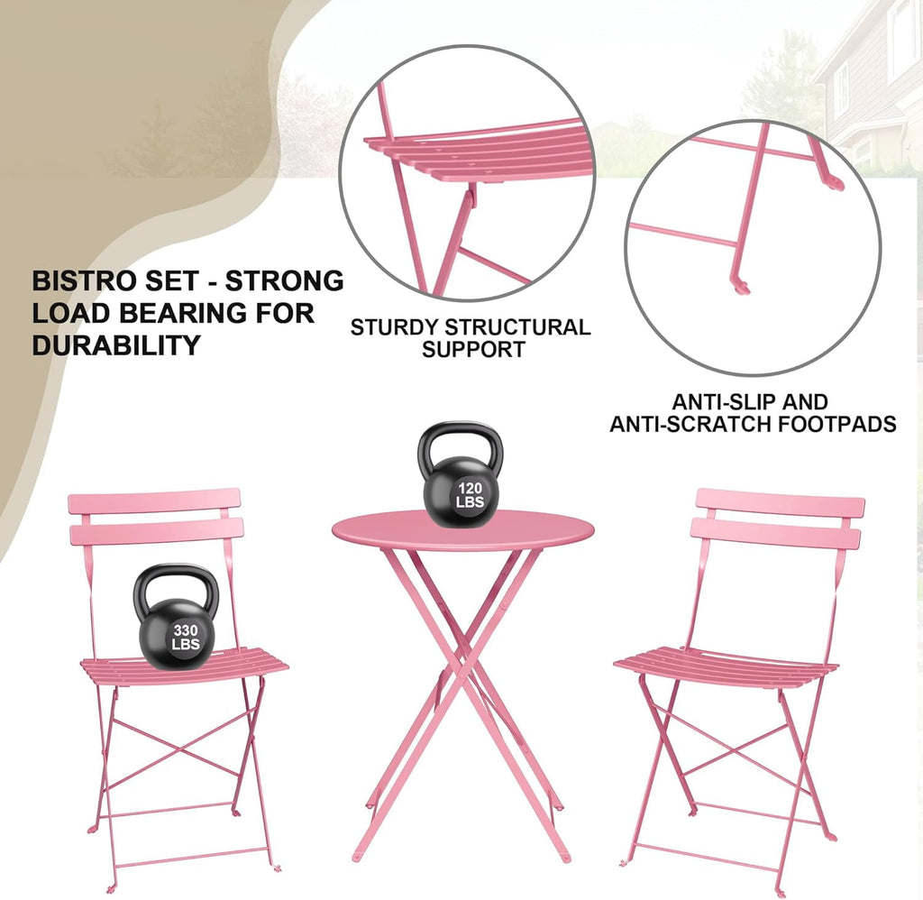 Bingirl 3-Piece Folding Metal Patio Bistro Set, Coffee Table and 2 Chairs for Balcony, Porch or Garden, Pink