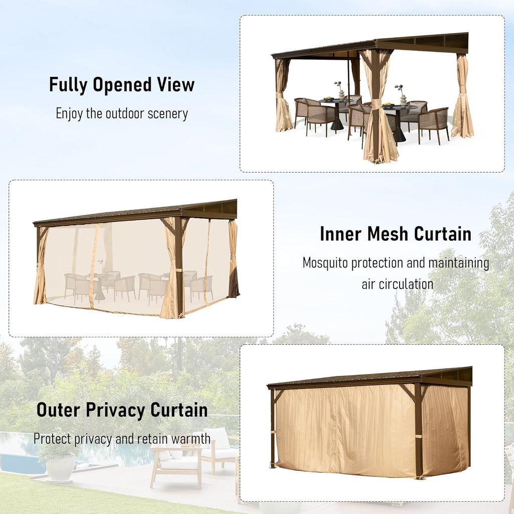 Domi 10x14FT Lean-To Gazebo, Outdoor Wall-Mounted Aluminum Frame Canopy with Sloping Galvanized Steel Roof, Netting & Curtains for Deck/Porch/Backyard