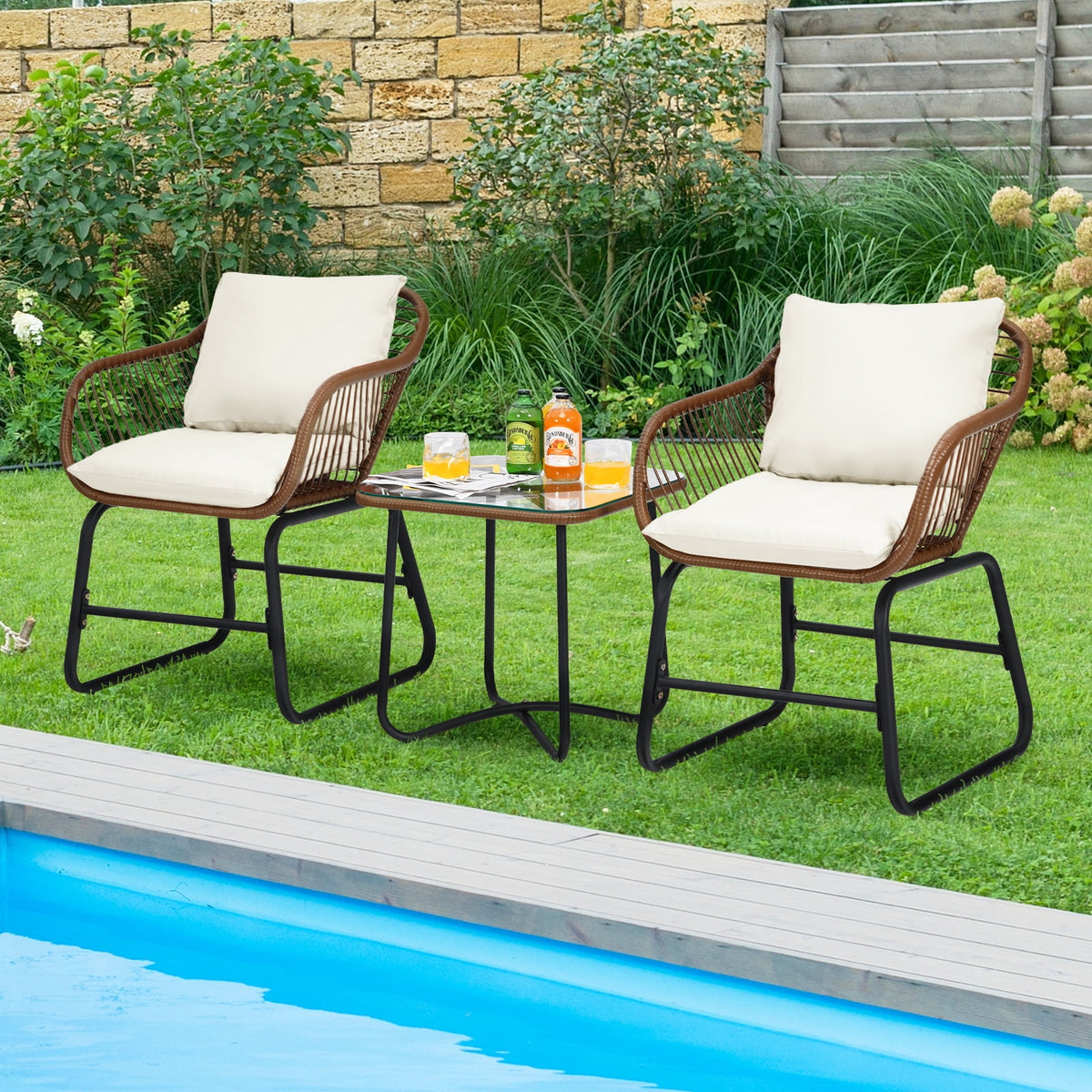 Patiojoy 3 Pieces Outdoor Furniture Set Patio Bistro Set w/2 Armchairs & Tempered Glass Table White