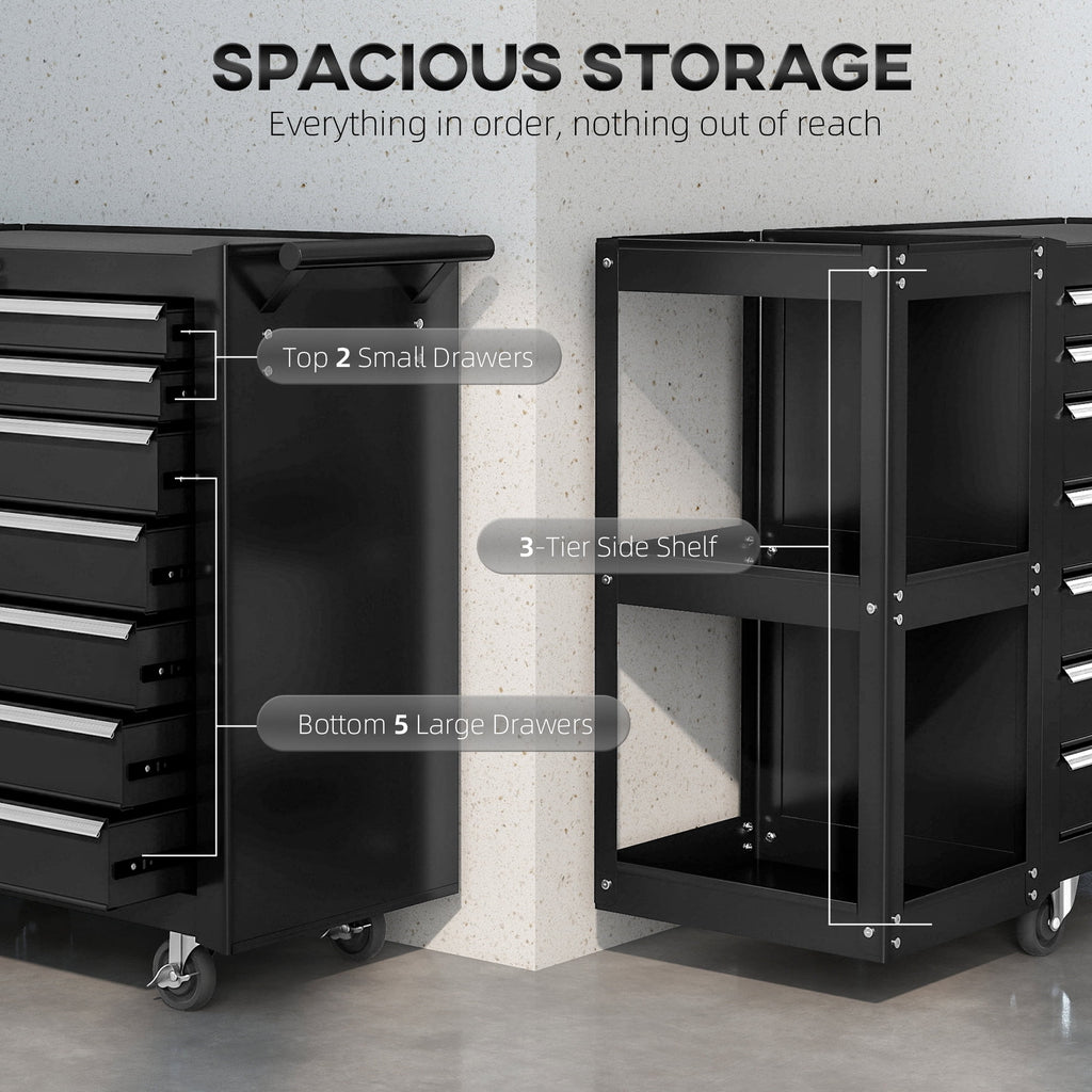 HOMCOM 7-Drawer Tool Chest with Side Shelf, Lockable Tool Box, Black