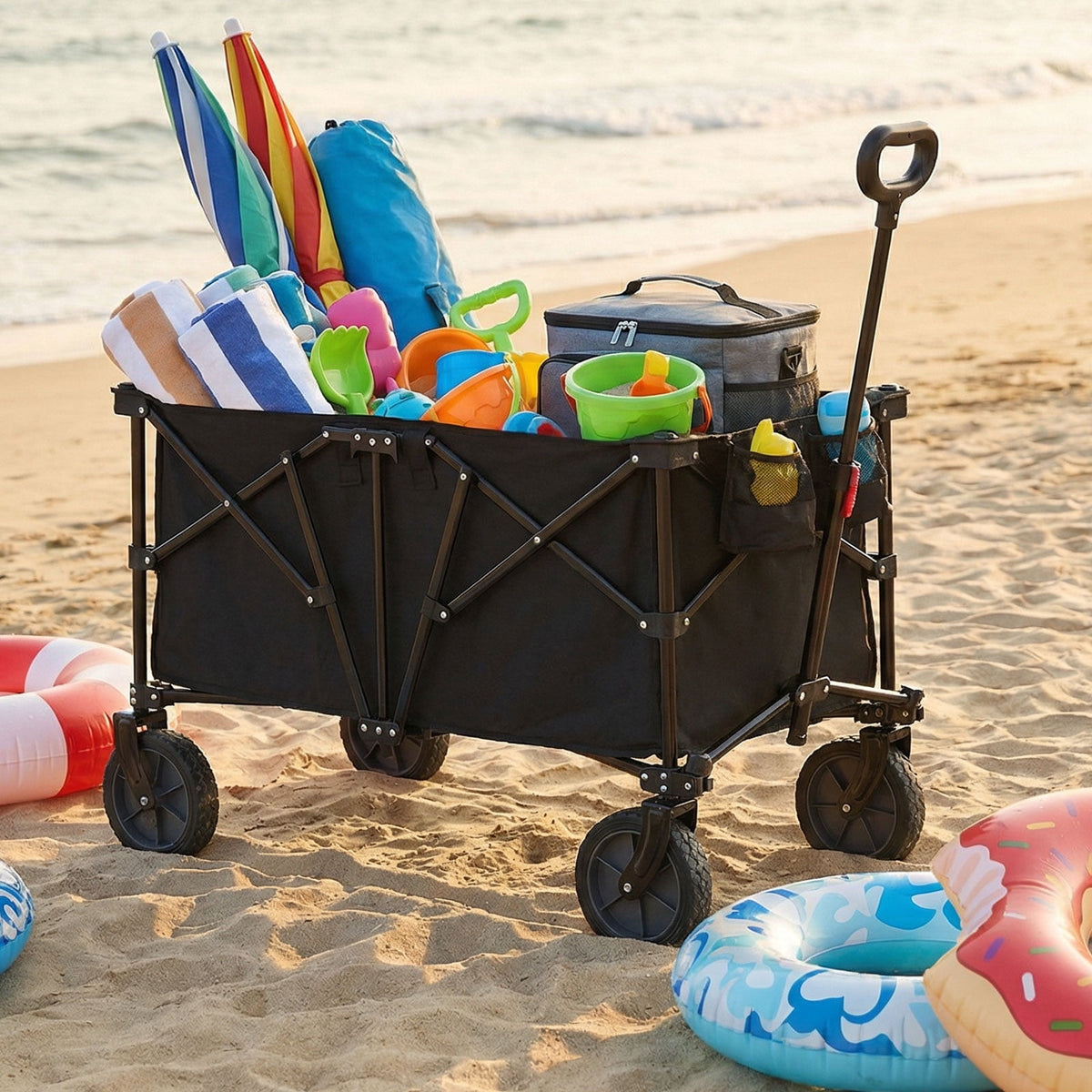 Gymax 38'' Collapsible Wagon Cart w/All-Terrain Wheels 2 Cup Holders Adjustable Handle