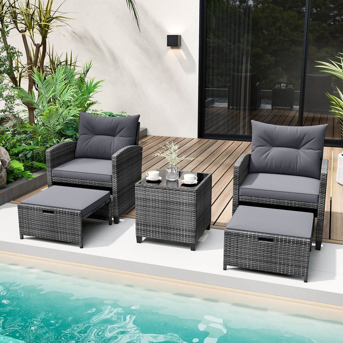 Costway 5 Piece Patio Rattan Furniture with 2 Ottomans & Tempered Glass Coffee Table Grey