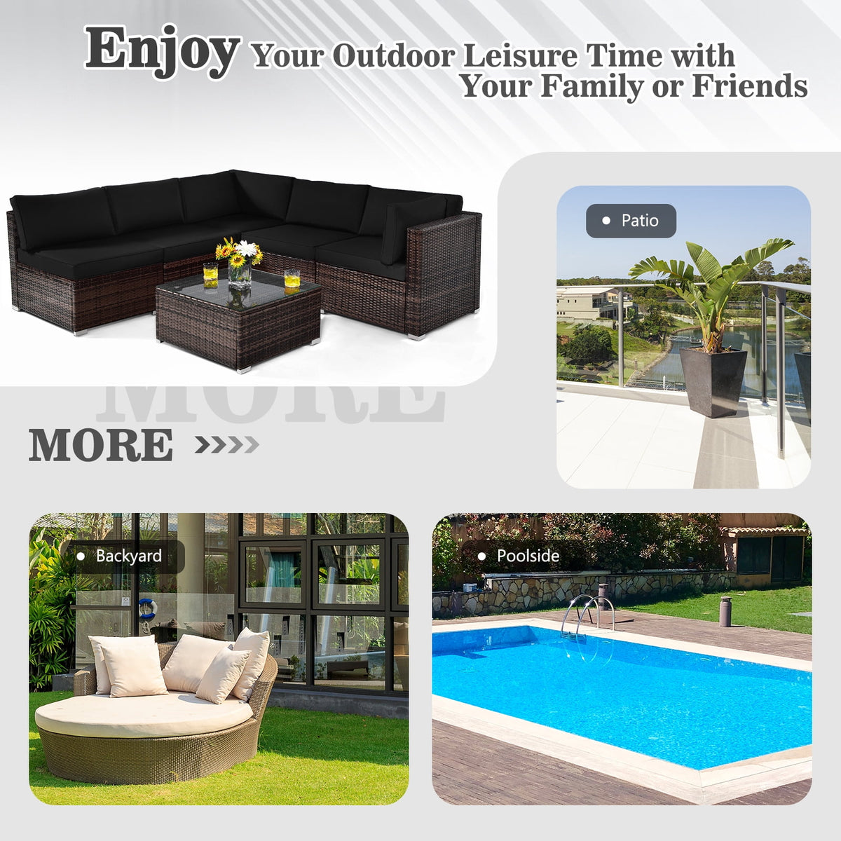 Patiojoy 6PCS Wicker Patio Sectional Conversation Furniture Set with Coffee Table & Seat Cushions Black