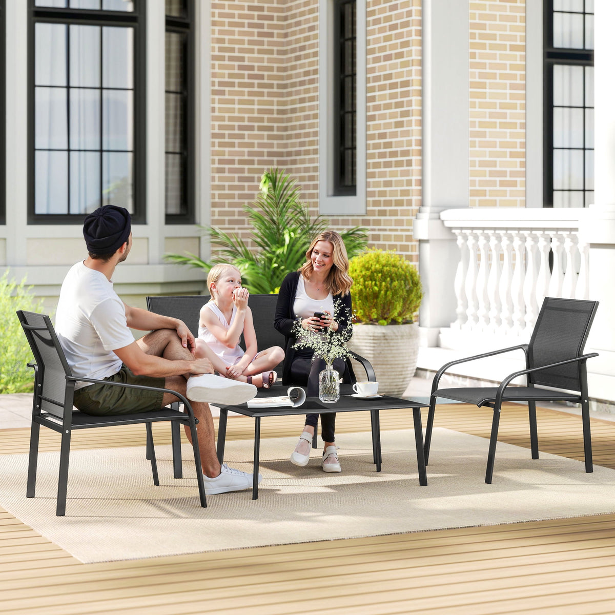 Outsunny 4 Piece Patio Furniture Set, Deep Outdoor Conversation Set, Black