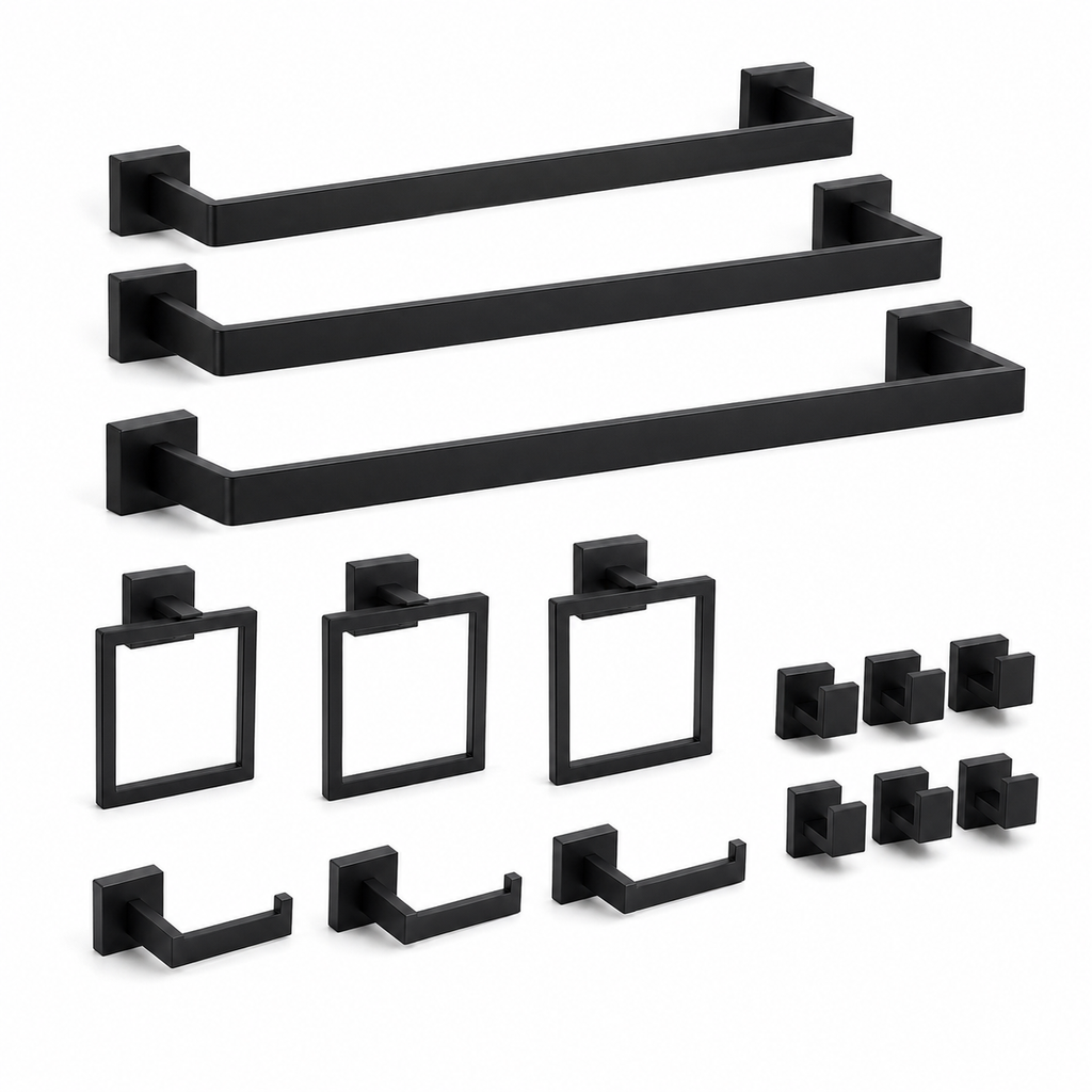 15-Piece Matte Black Bathroom Hardware Set, 23.6-Inch Towel Bar Kit, SUS304 Stainless Steel