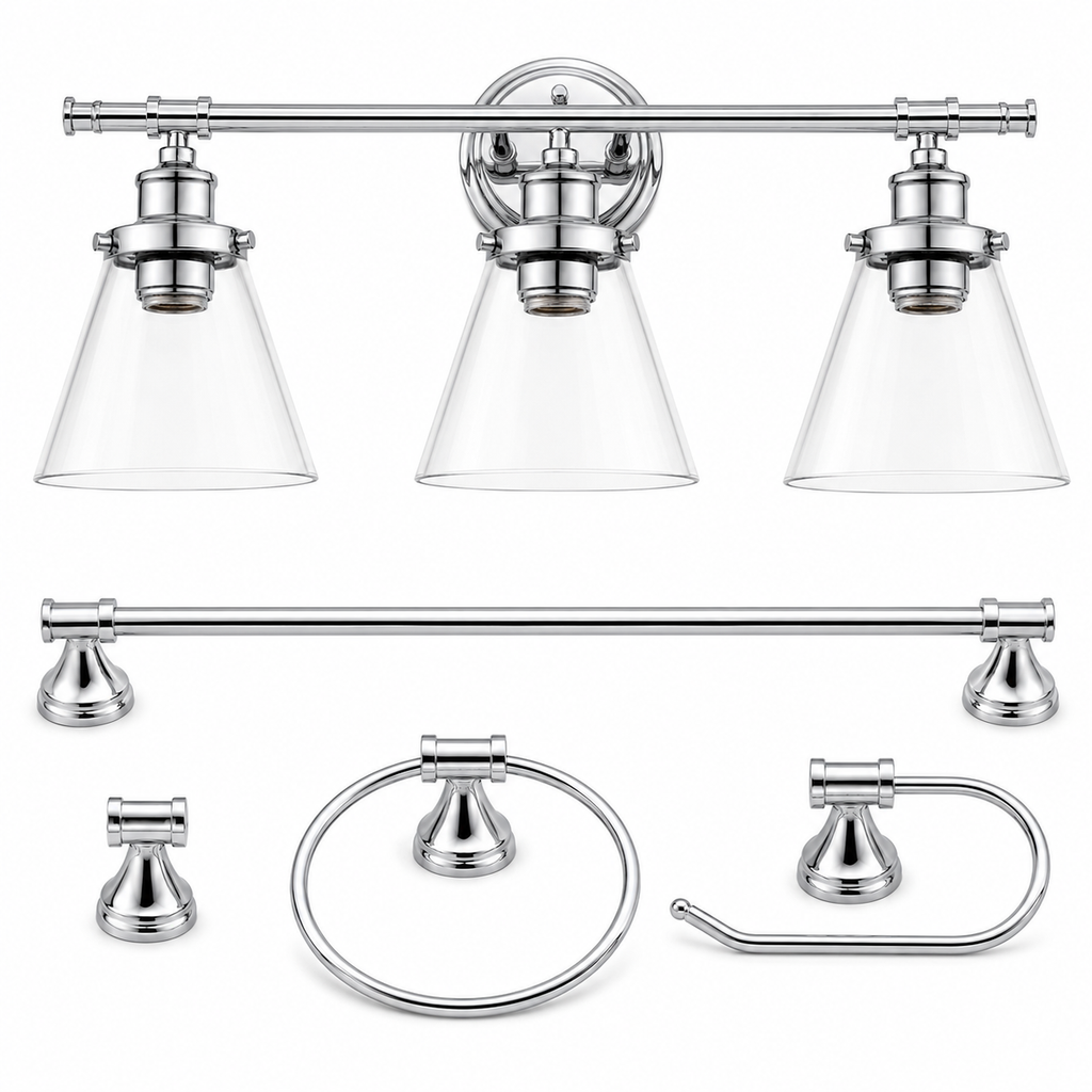 5-Piece Chrome Bathroom Set, 3-Light Vanity Fixture, Towel Bar and Accessories
