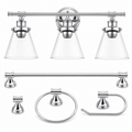 5-Piece Chrome Bathroom Set, 3-Light Vanity Fixture, Towel Bar and Accessories