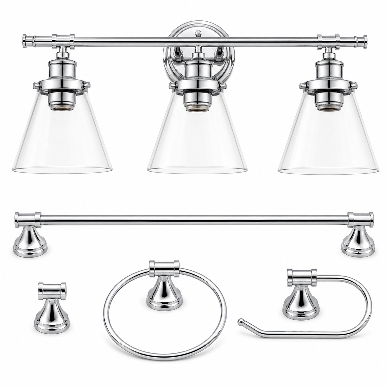 5-Piece Chrome Bathroom Set, 3-Light Vanity Fixture, Towel Bar and Accessories