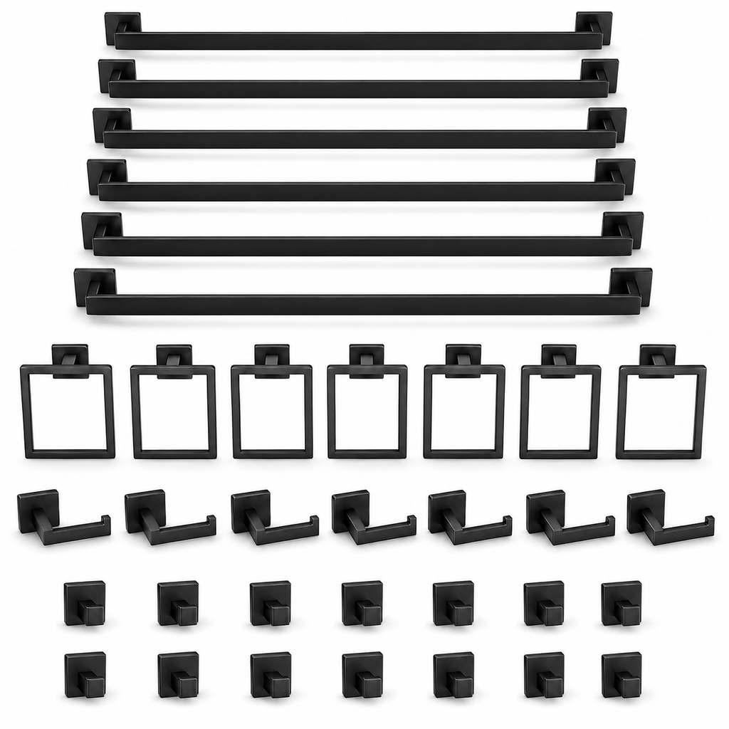 35-Piece Polished Black Bathroom Hardware Set with 23.6-Inch Towel Bars