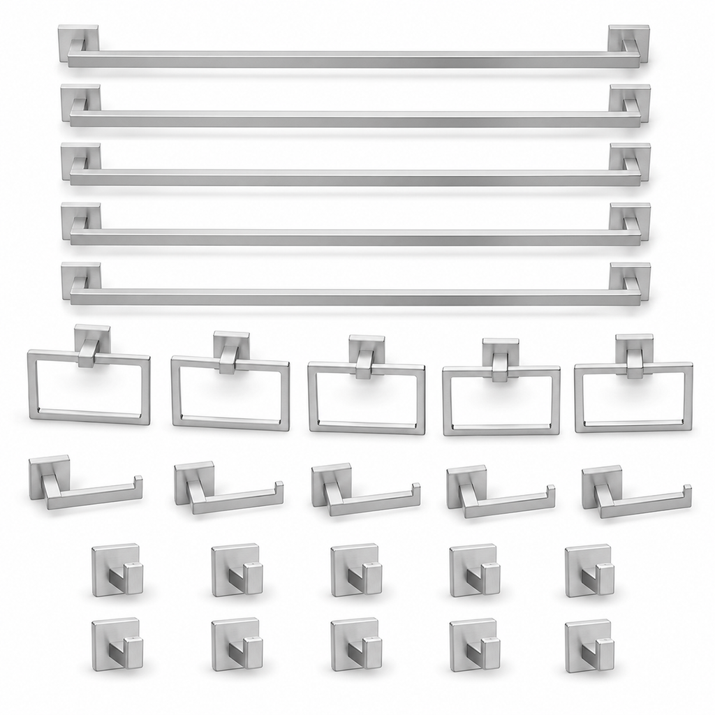 25-Piece Polished Silver Bathroom Hardware Set, 23.6-Inch Towel Bars