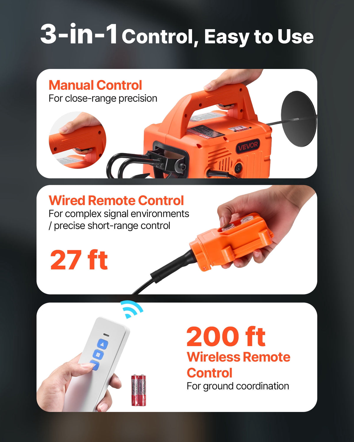 VEVOR 3-in-1 Electric Hoist Winch, 1100 lb Capacity, 1500W, 25 ft Lift, Manual, Wired and Wireless Controls