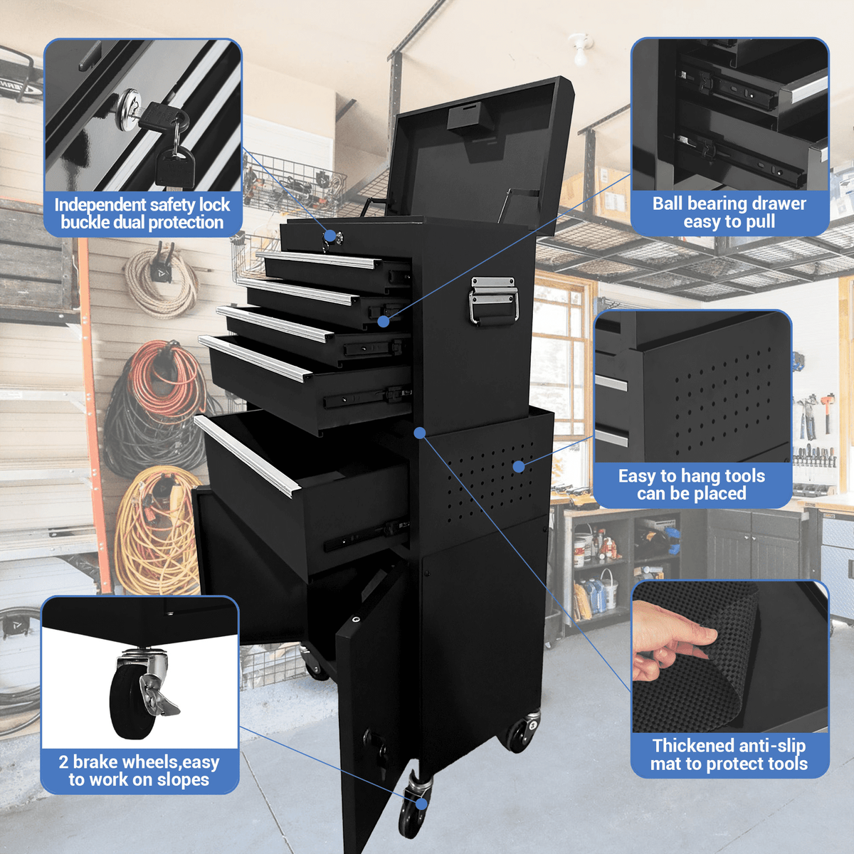 2-in-1 Rolling Tool Chest, 5 Lockable Drawers, Detachable Top Toolbox, Heavy-Duty Steel Cabinet with Wheels