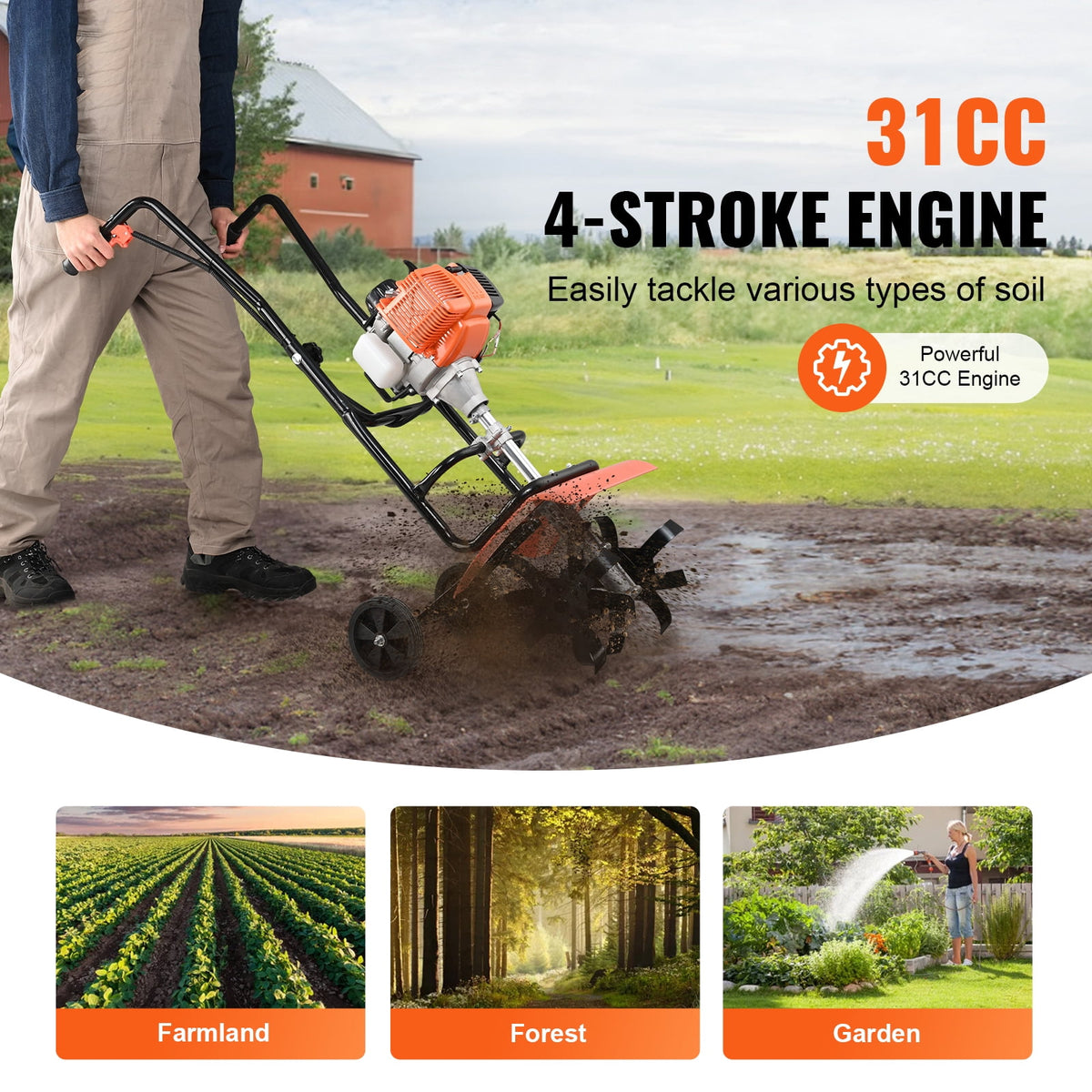 KFFKFF Tiller Cultivator, 31CC 4-Stroke Garden Tilling Machine, Cultivator with 4 Steel Modifiable Front Tines for Lawn, Garden and Field Tilling