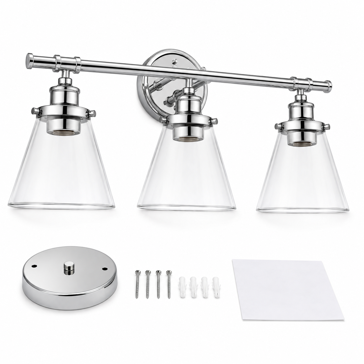 5-Piece Chrome Bathroom Set, 3-Light Vanity Fixture, Towel Bar and Accessories