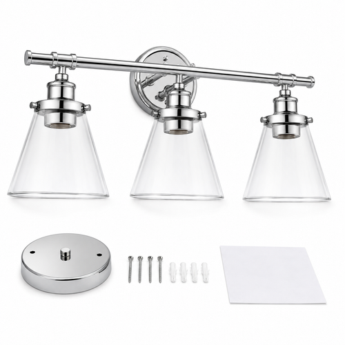 5-Piece Chrome Bathroom Set, 3-Light Vanity Fixture, Towel Bar and Accessories