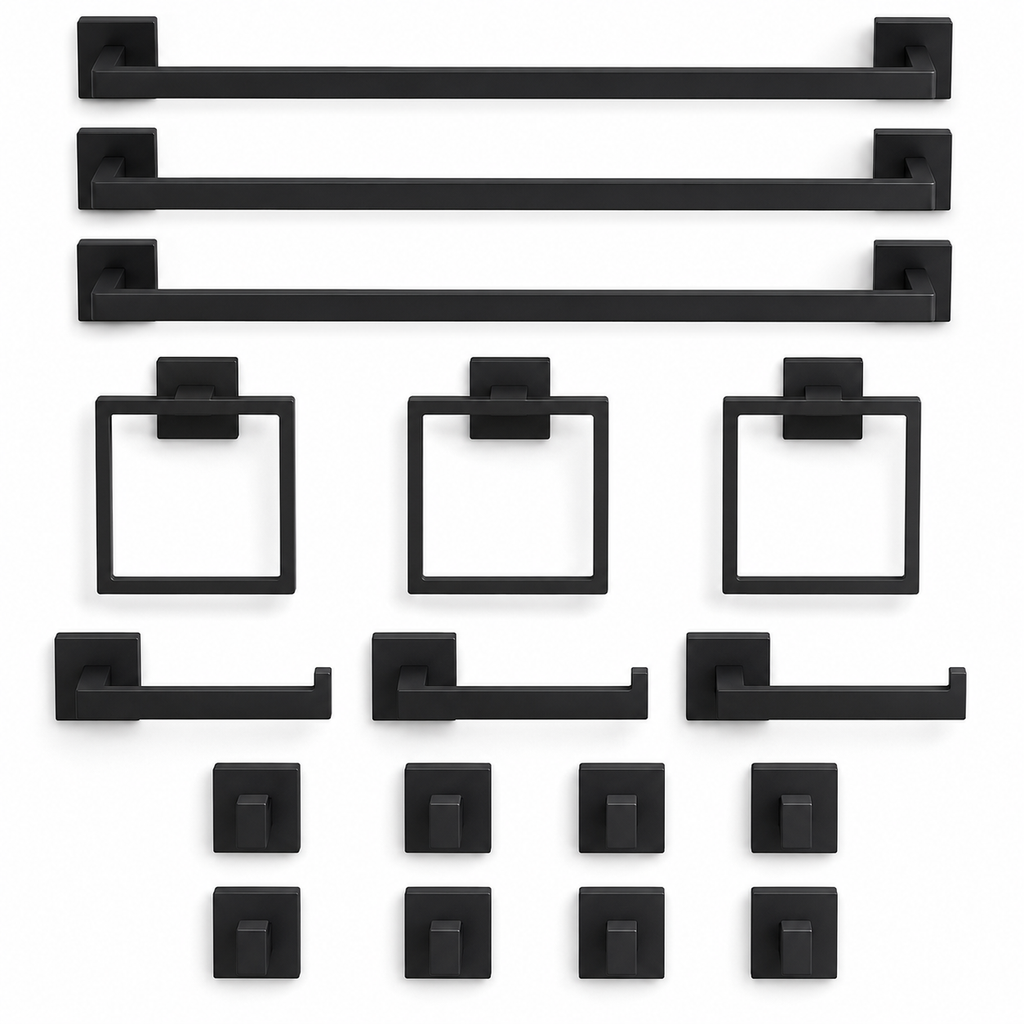 15-Piece Matte Black Bathroom Hardware Set, 23.6-Inch Towel Bar Kit, SUS304 Stainless Steel