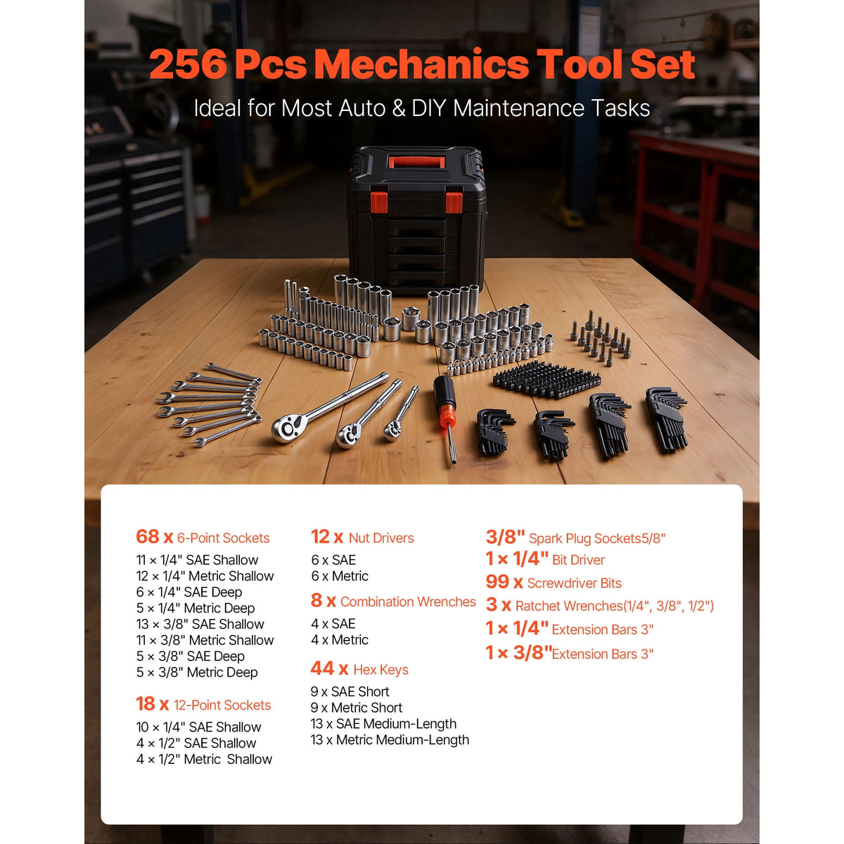 KFFKFF 256-Piece SAE/Metric Mechanics Tool Set, 1/4, 3/8 and 1/2 Inch Drive, Sockets, Wrenches, Bits and Case