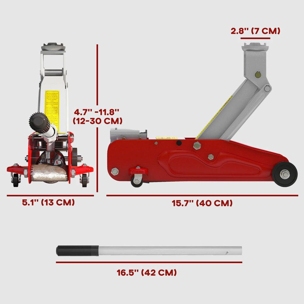 Low Profile Jack, Hydraulic Racing Floor Jack, 4.7"-11.8" Lifting Range, 2 Ton (4,000 lb) Capacity, Red