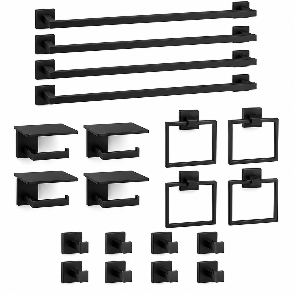 20-Piece Matte Black Bathroom Hardware Set with 24-Inch Towel Bars