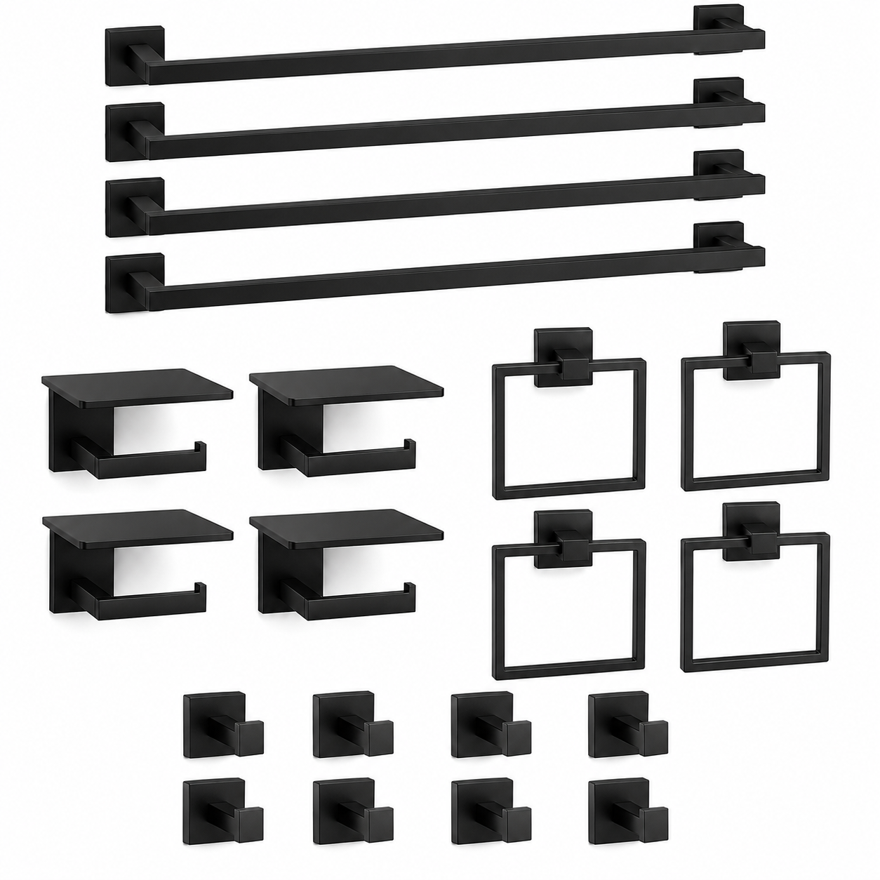 20-Piece Matte Black Bathroom Hardware Set with 24-Inch Towel Bars