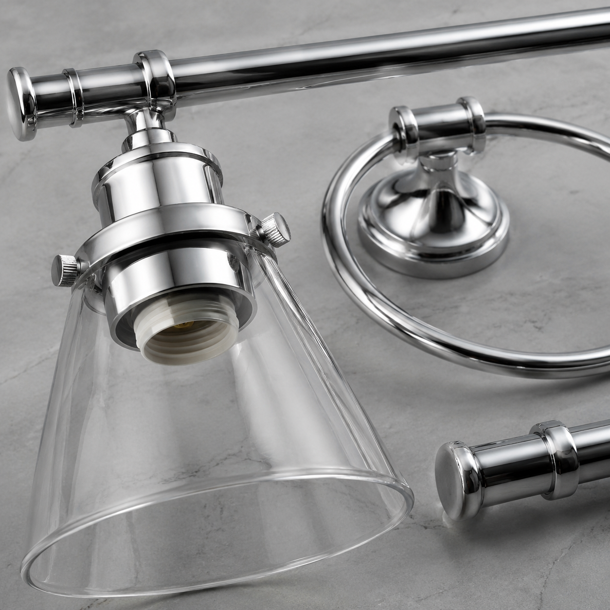 5-Piece Chrome Bathroom Set, 3-Light Vanity Fixture, Towel Bar and Accessories