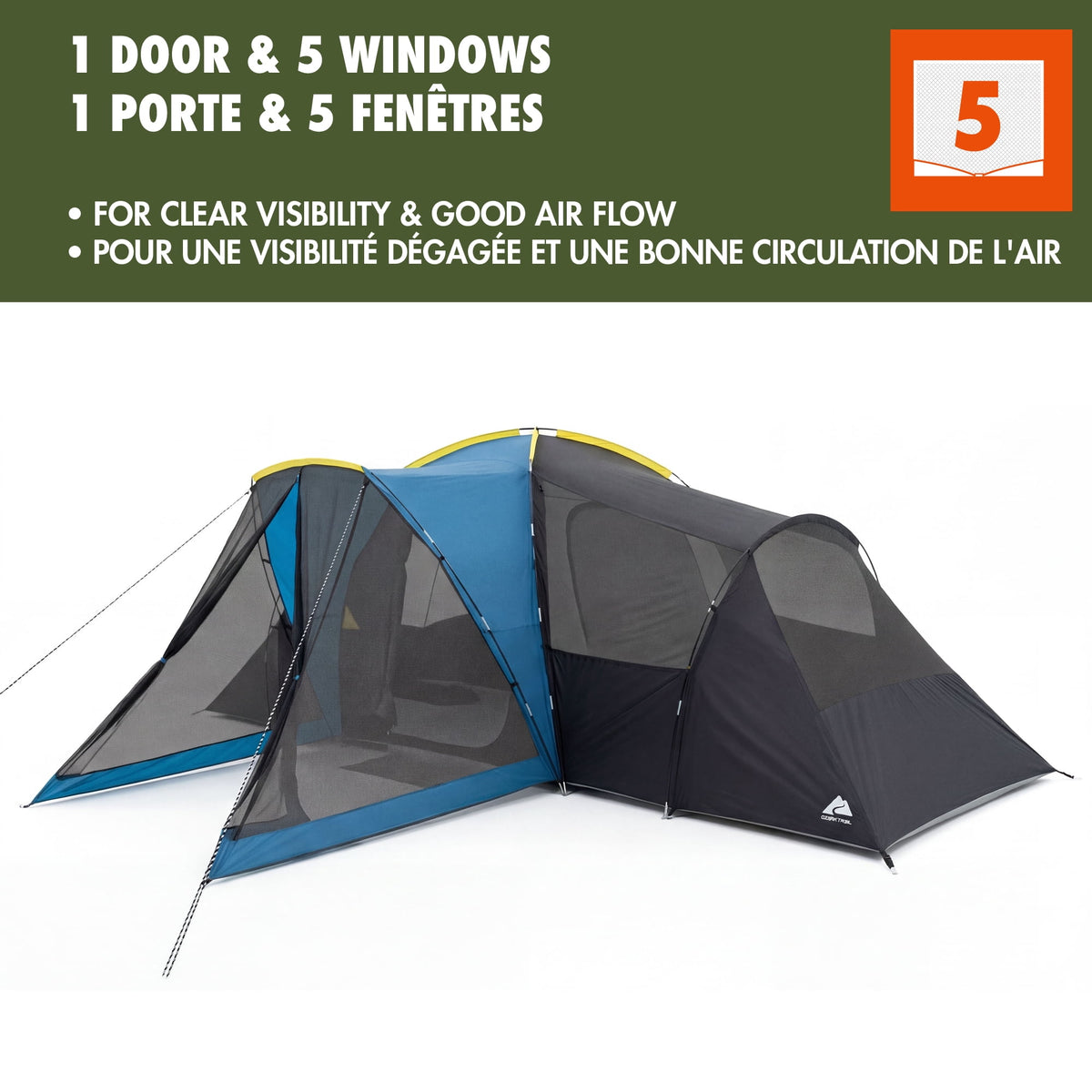 Ozark Trail, 10-Person Dome Tent, Rain Fly, Screened Front Porch, Easy to Assemble Fiberglass Poles. Blue Color, Ideal for Family Camping, 27.45lbs.