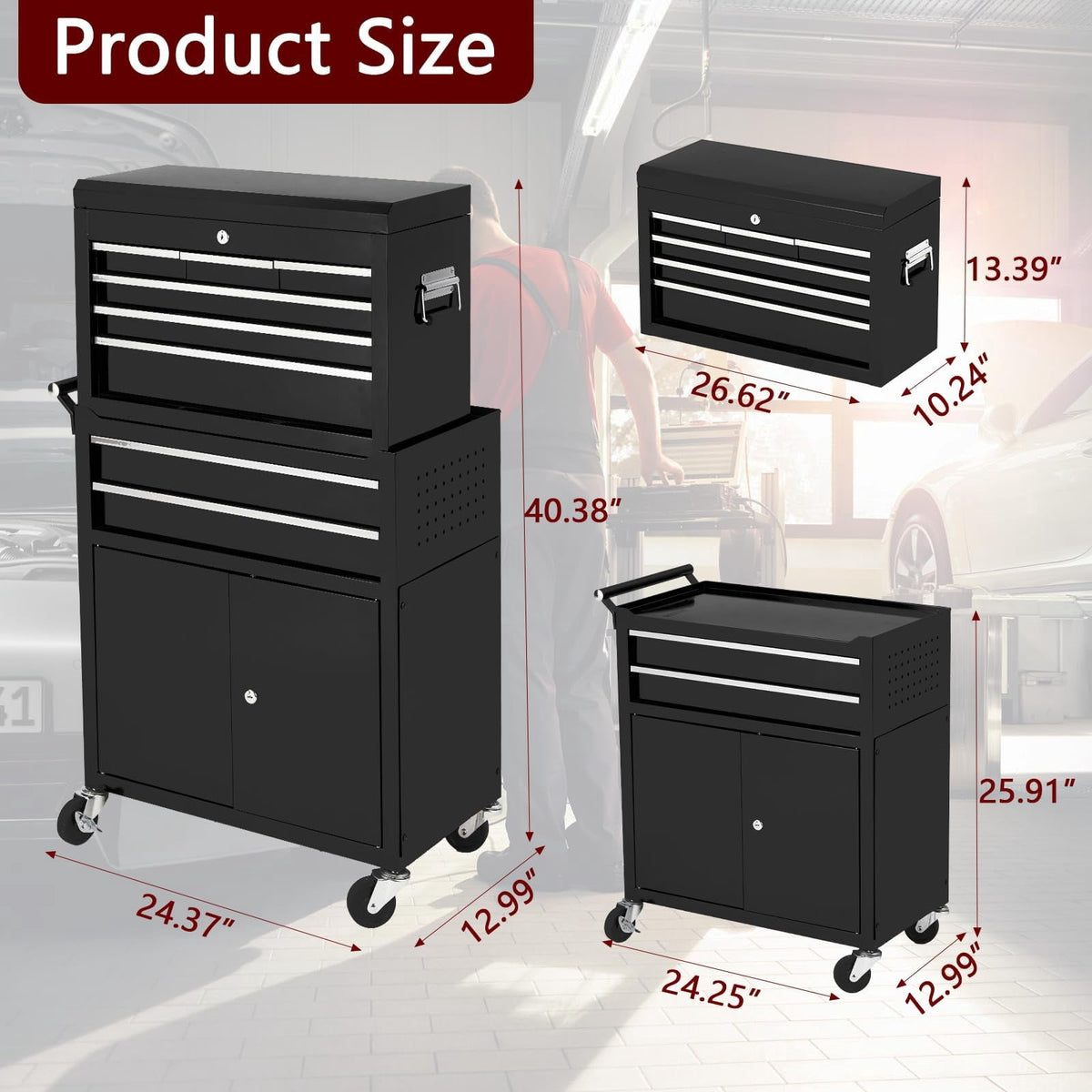 GloryStar 8-Drawer Tool Chest, Tool Box Organizer w/Lockable Wheels & Detachable Top & Adjustable Shelf, Toolbox for Workshop Garage