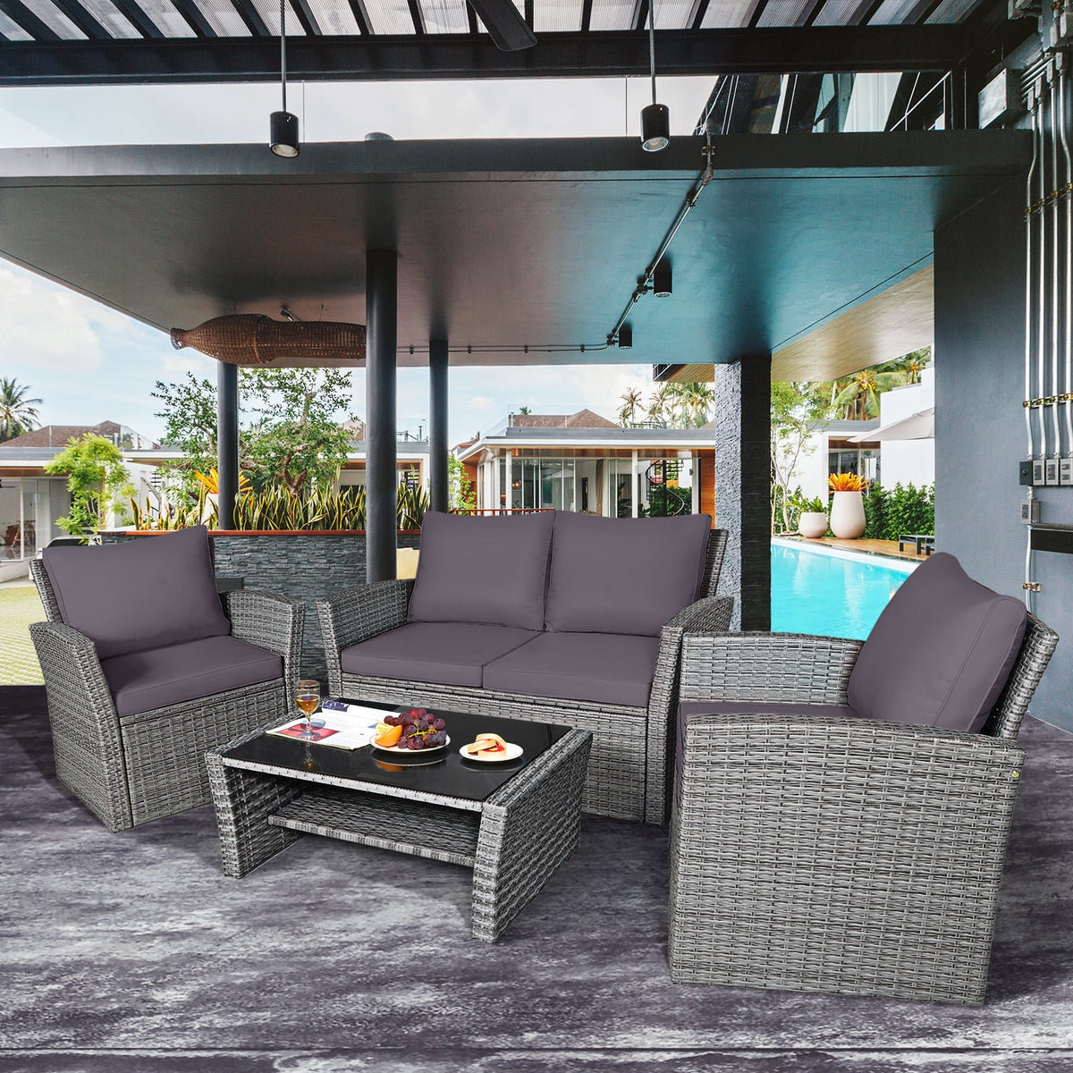 Costway 4PCS Patio Rattan Furniture Set Sofa Table W/Storage Shelf Gray Cushion