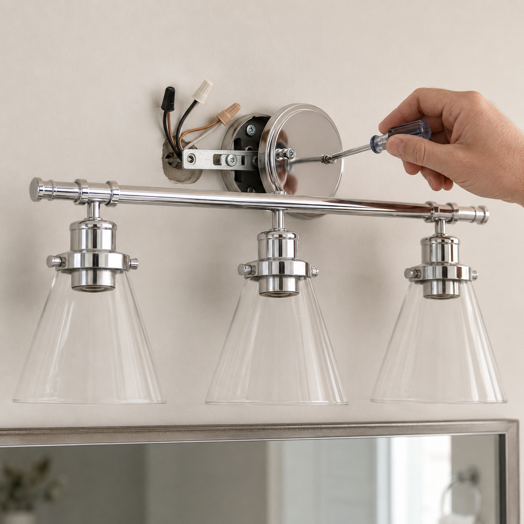 5-Piece Chrome Bathroom Set, 3-Light Vanity Fixture, Towel Bar and Accessories
