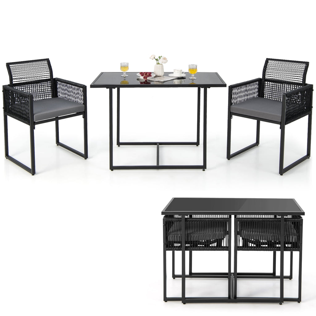 Gymax Set of 3 PE Wicker Furniture Set Cushioned Chairs w/ Folding Backrest Patio Backyard