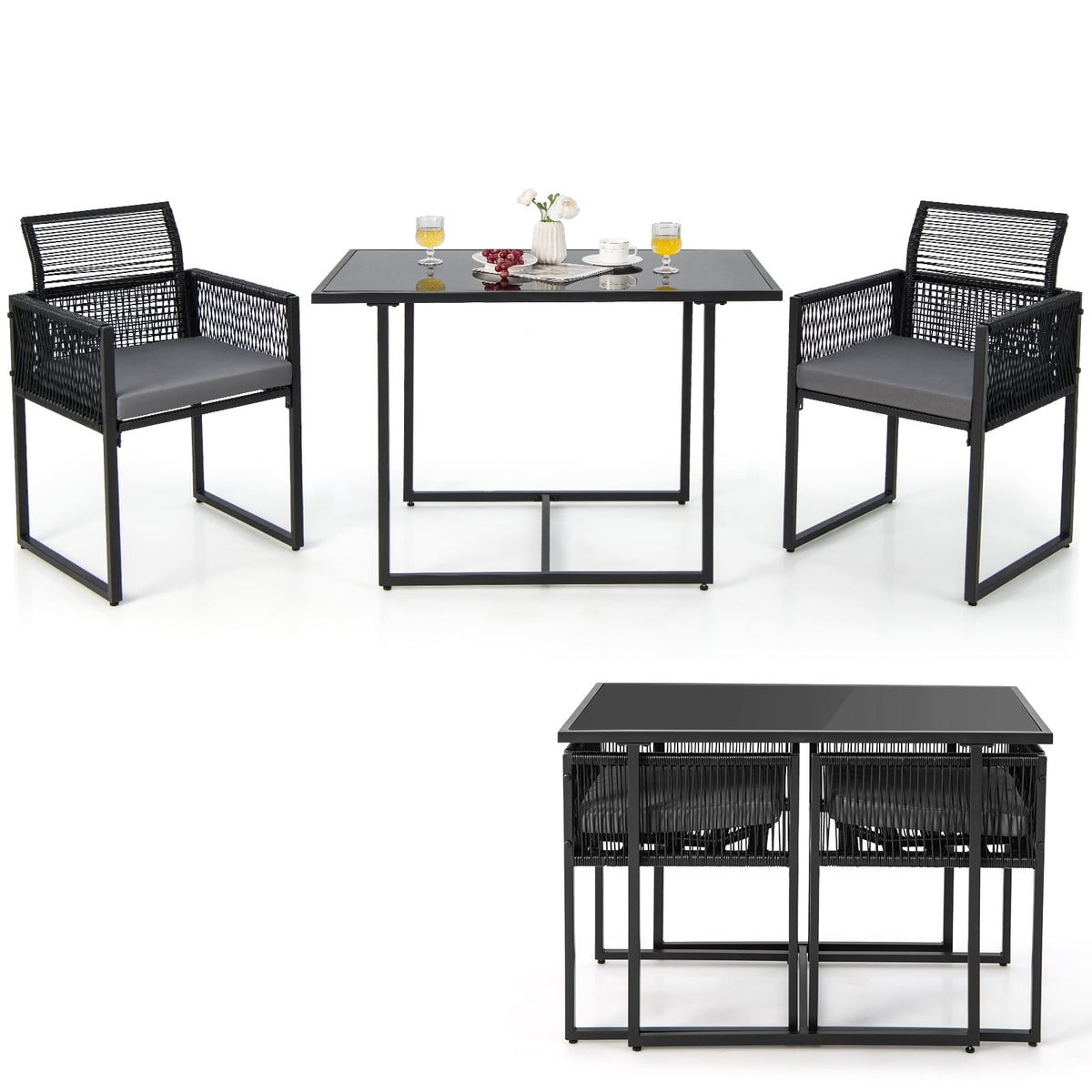Gymax Set of 3 PE Wicker Furniture Set Cushioned Chairs w/ Folding Backrest Patio Backyard