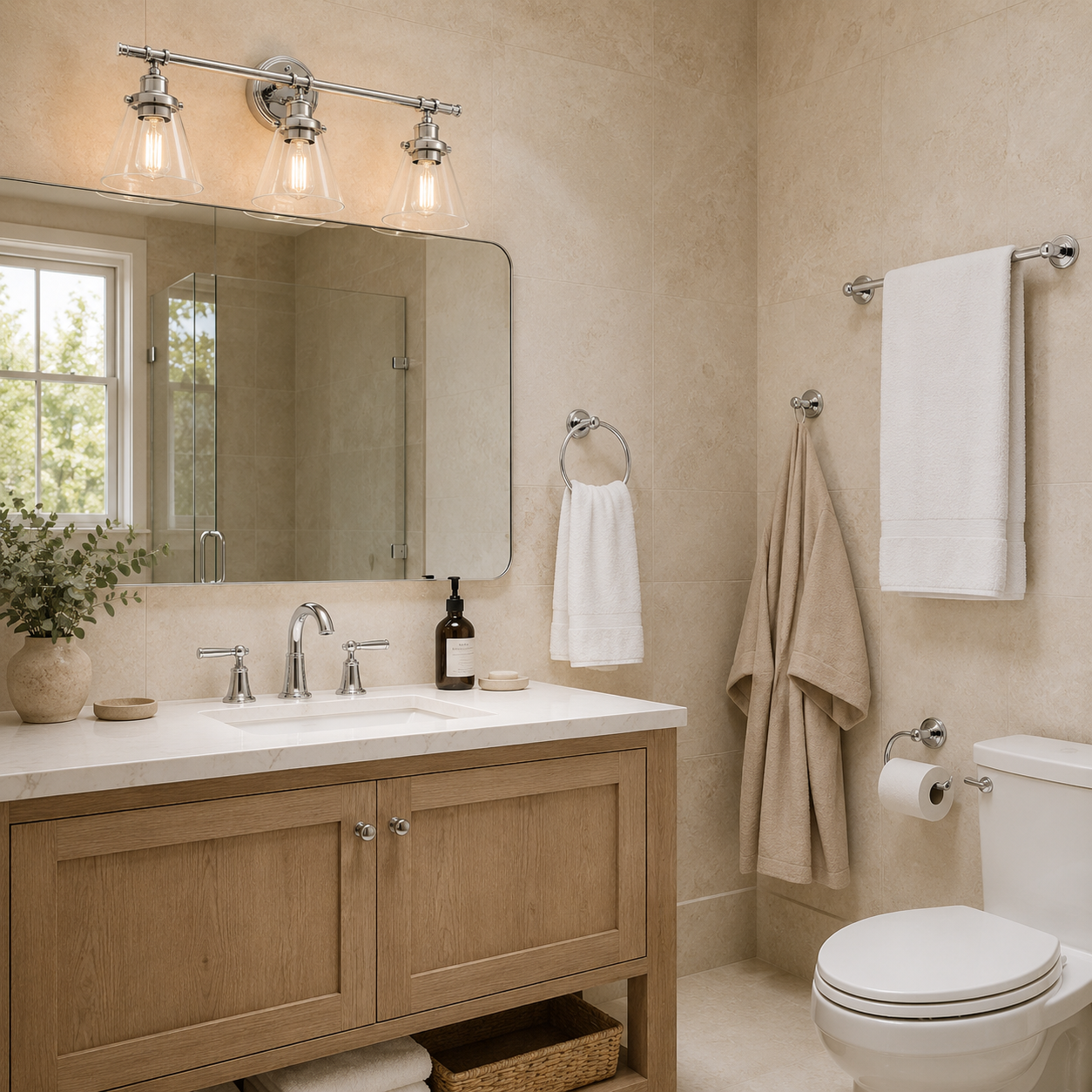 5-Piece Chrome Bathroom Set, 3-Light Vanity Fixture, Towel Bar and Accessories