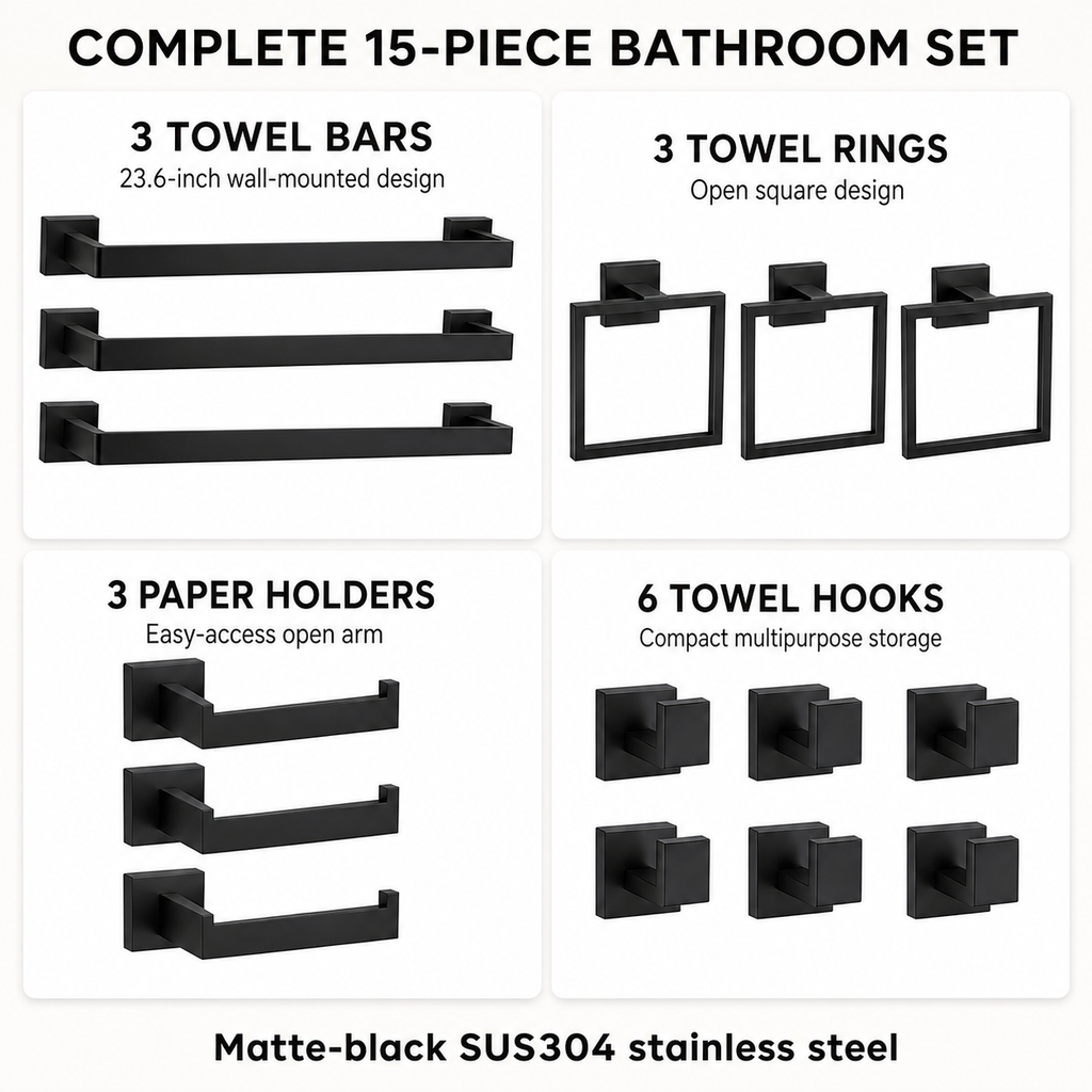 15-Piece Matte Black Bathroom Hardware Set, 23.6-Inch Towel Bar Kit, SUS304 Stainless Steel
