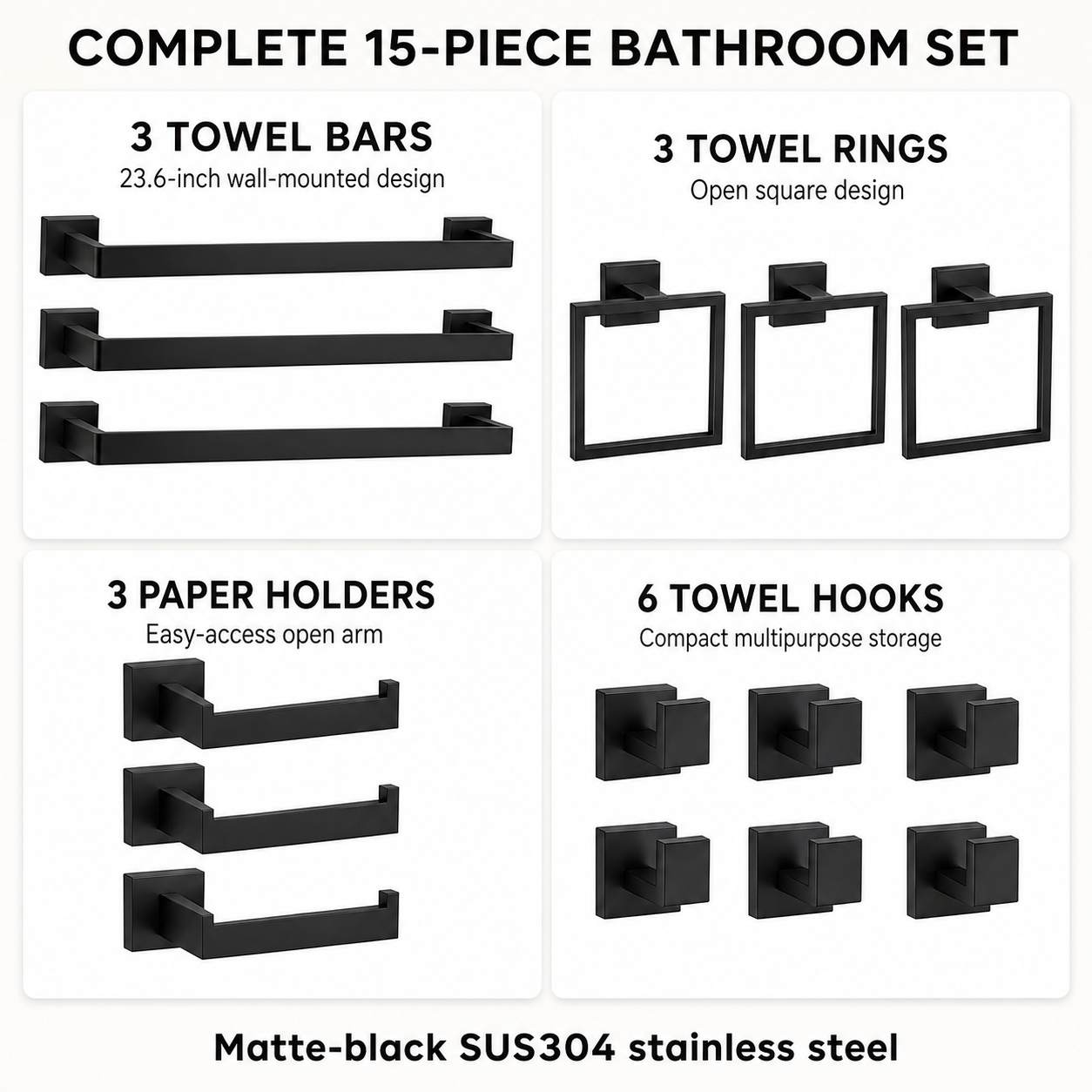 15-Piece Matte Black Bathroom Hardware Set, 23.6-Inch Towel Bar Kit, SUS304 Stainless Steel