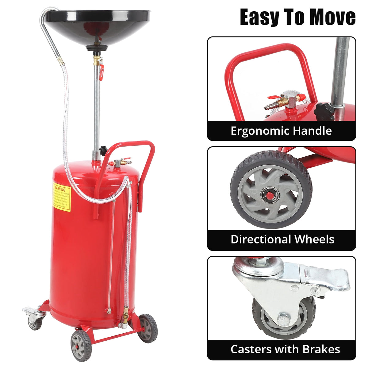 8-Gallon Air-Operated Oil Drain Tank, Adjustable 34-46 Inch Funnel Height and 360-Degree Wheels