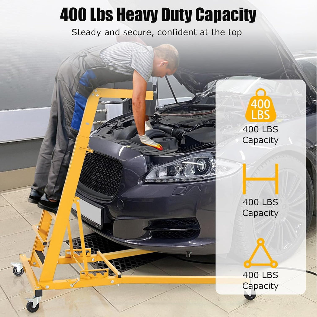 Adjustable Folding Topside Automotive Creeper, 440 lb Capacity, 48-66 Inch Height, Padded Deck and 4 Casters, Black/Yellow