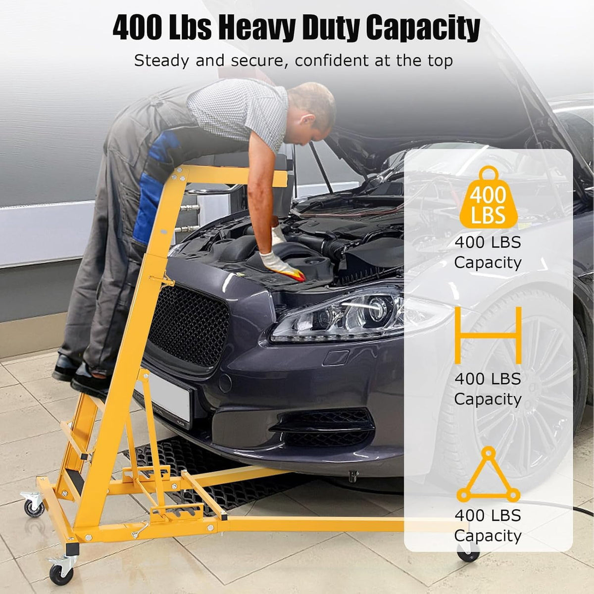 Adjustable Folding Topside Automotive Creeper, 440 lb Capacity, 48-66 Inch Height, Padded Deck and 4 Casters, Black/Yellow