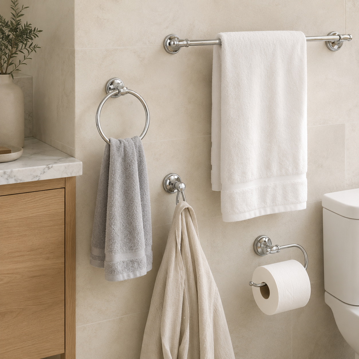 5-Piece Chrome Bathroom Set, 3-Light Vanity Fixture, Towel Bar and Accessories