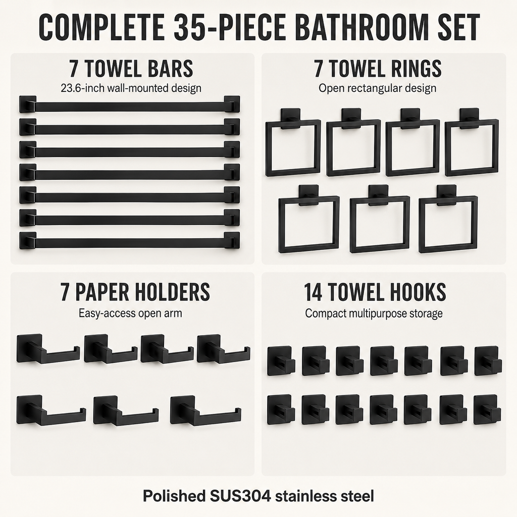 35-Piece Polished Black Bathroom Hardware Set with 23.6-Inch Towel Bars
