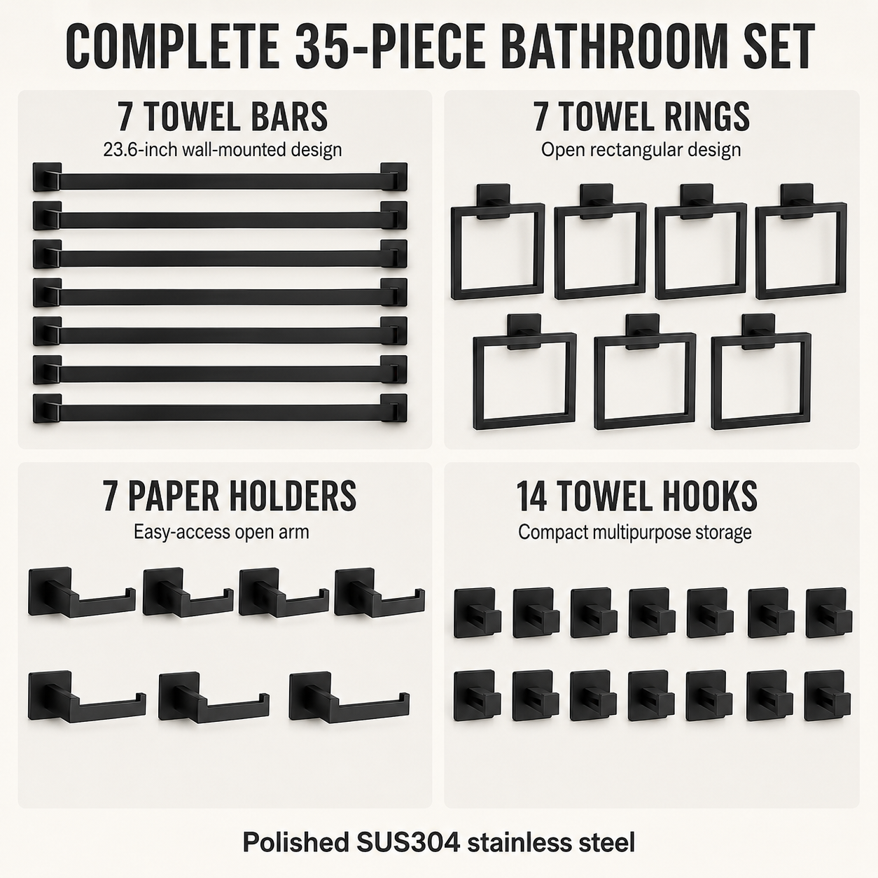 35-Piece Polished Black Bathroom Hardware Set with 23.6-Inch Towel Bars