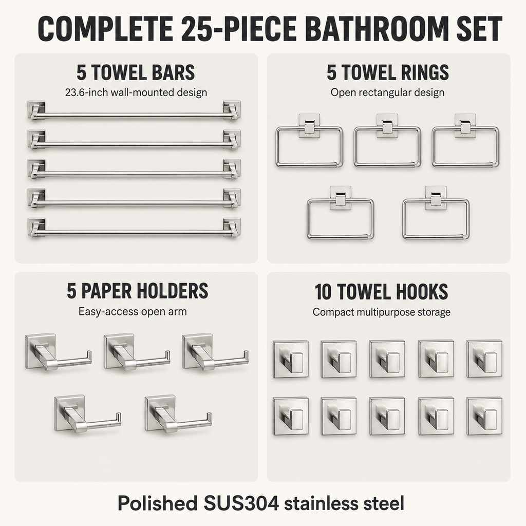 25-Piece Polished Silver Bathroom Hardware Set, 23.6-Inch Towel Bars