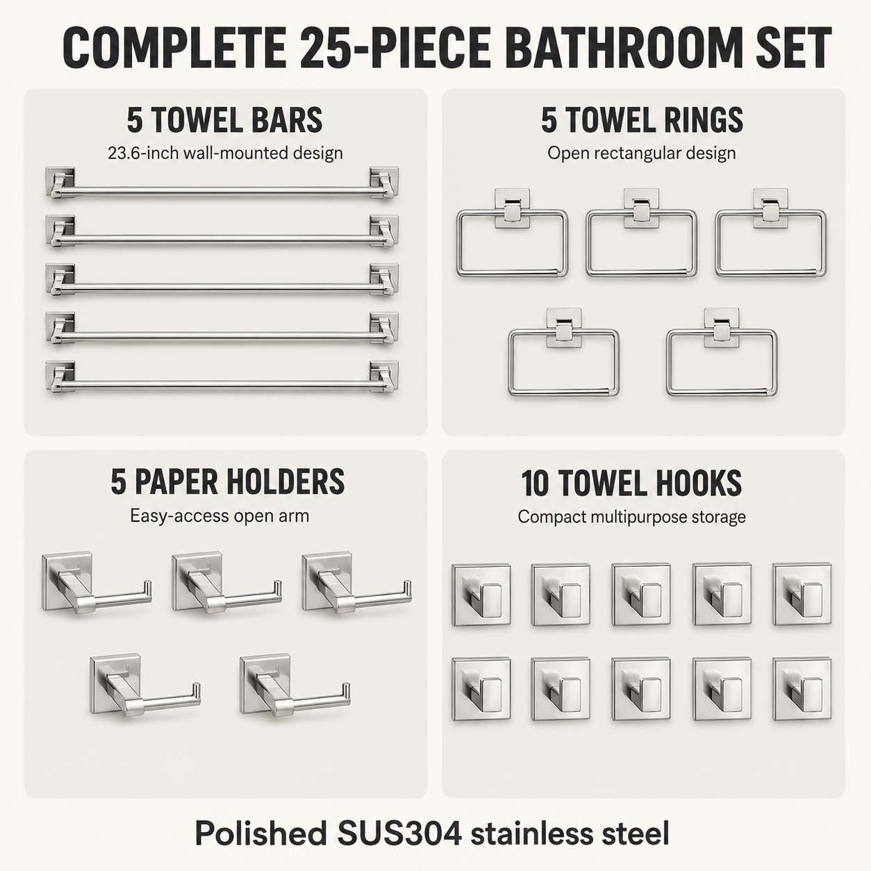 25-Piece Polished Silver Bathroom Hardware Set, 23.6-Inch Towel Bars