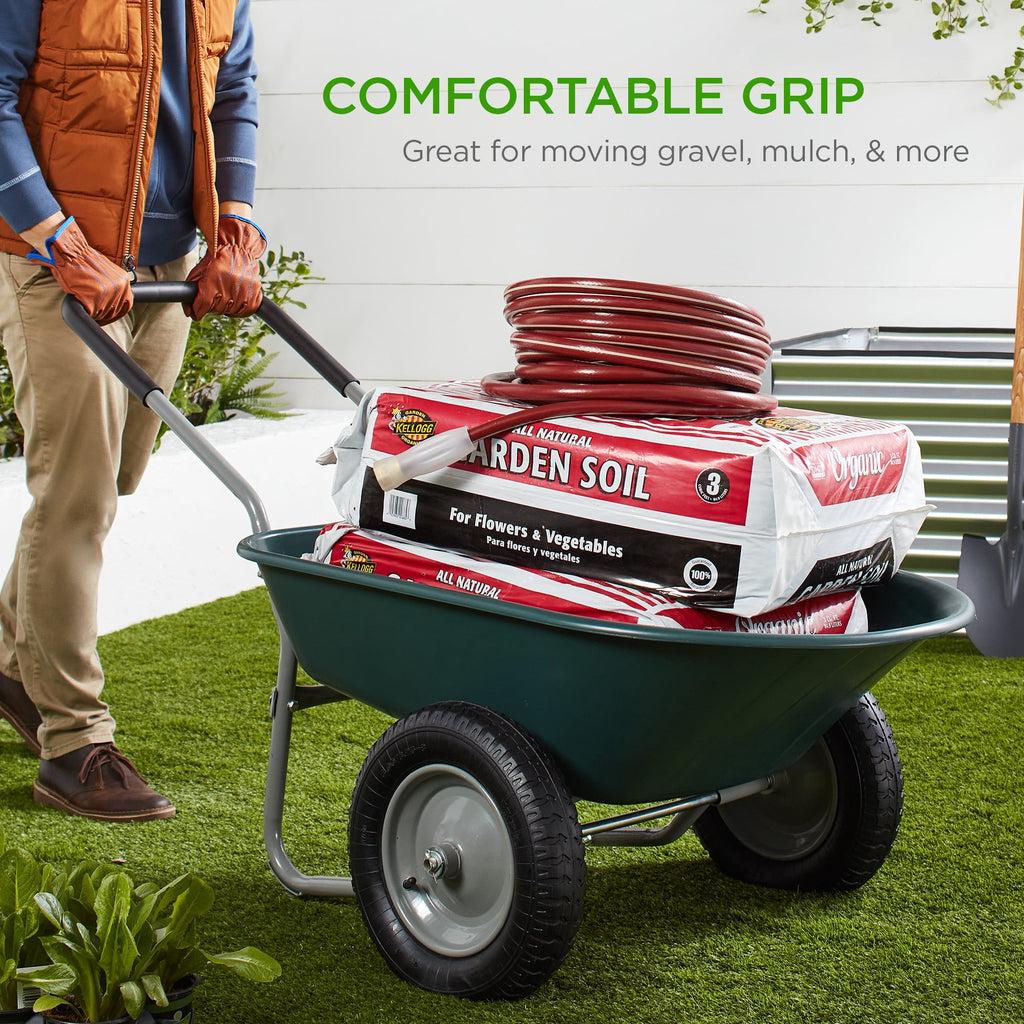 Best Choice Products Dual-Wheel Home Wheelbarrow Yard Garden Cart for Lawn, Construction - Pine Green