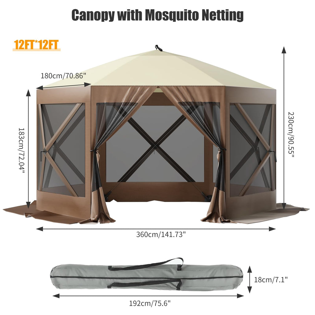 12x12 Ft 6-Sided Pop-Up Canopy Screen Tent, 600D Oxford Fabric, Fiber Poles, Carry Bag, Ropes and Stakes