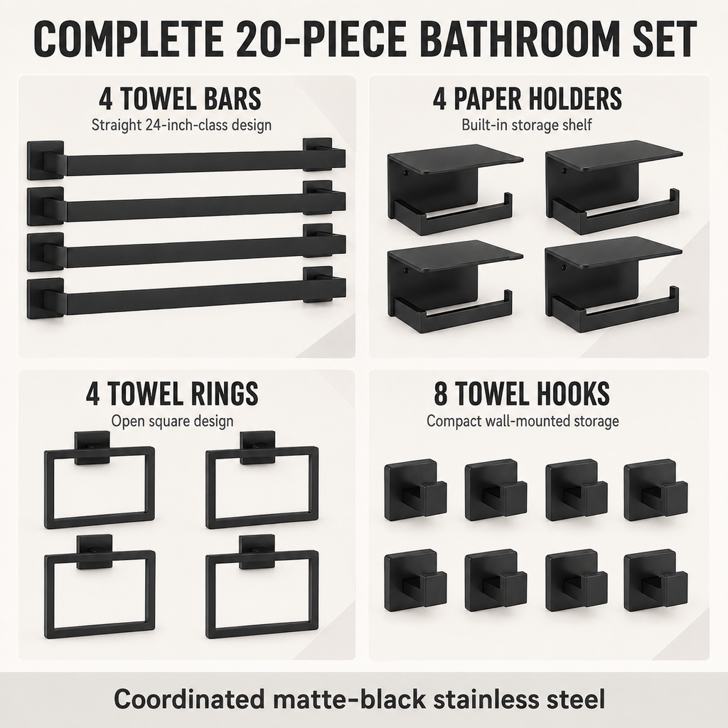 20-Piece Matte Black Bathroom Hardware Set with 24-Inch Towel Bars