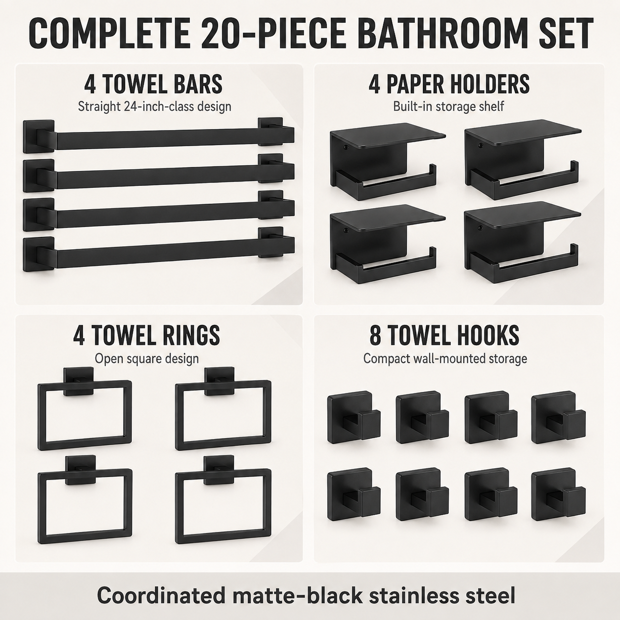 20-Piece Matte Black Bathroom Hardware Set with 24-Inch Towel Bars