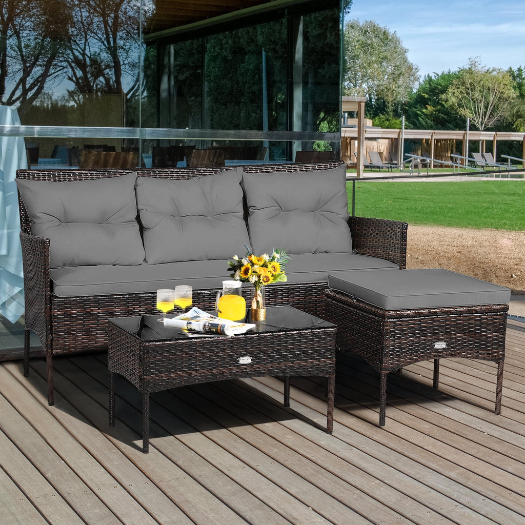Patiojoy 3 PCS Patio Furniture Set Outdoor All Weather Wicker Conversation Set w/Cushioned Ottoman & Side Table Gray