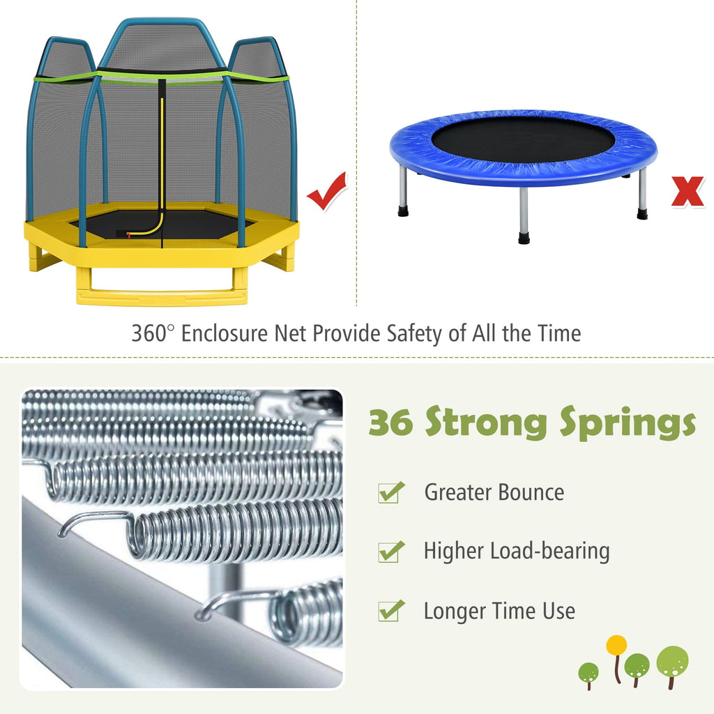 Patiojoy 7ft Kids Trampoline Round Bounce Jumping Bed with Safety Enclosure Net Green