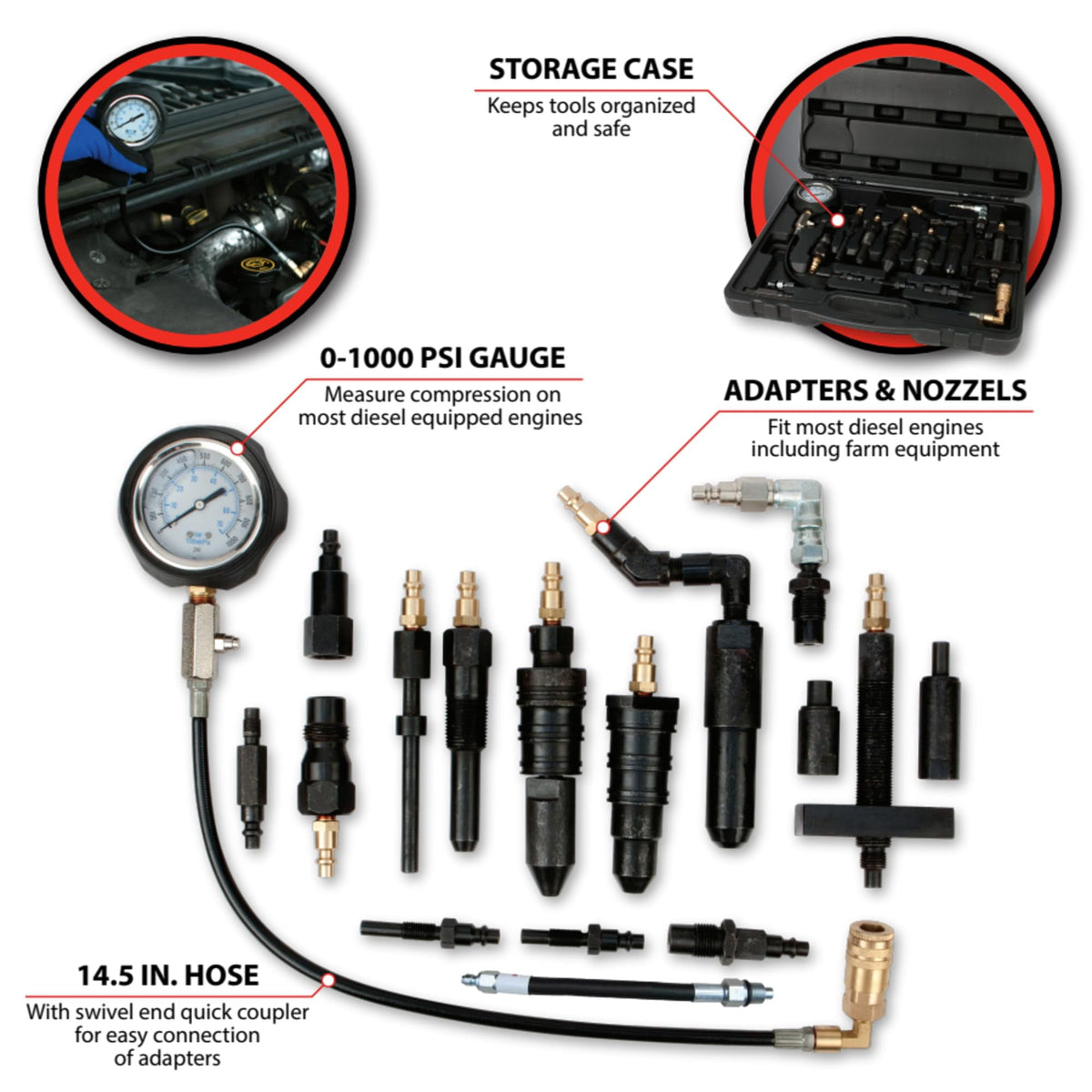 Performance Tool W89735 Diesel Compression Tester Kit for Large Cars Trucks Tractors and Other Heavy-Duty Vehicles in Tough Organizer Case