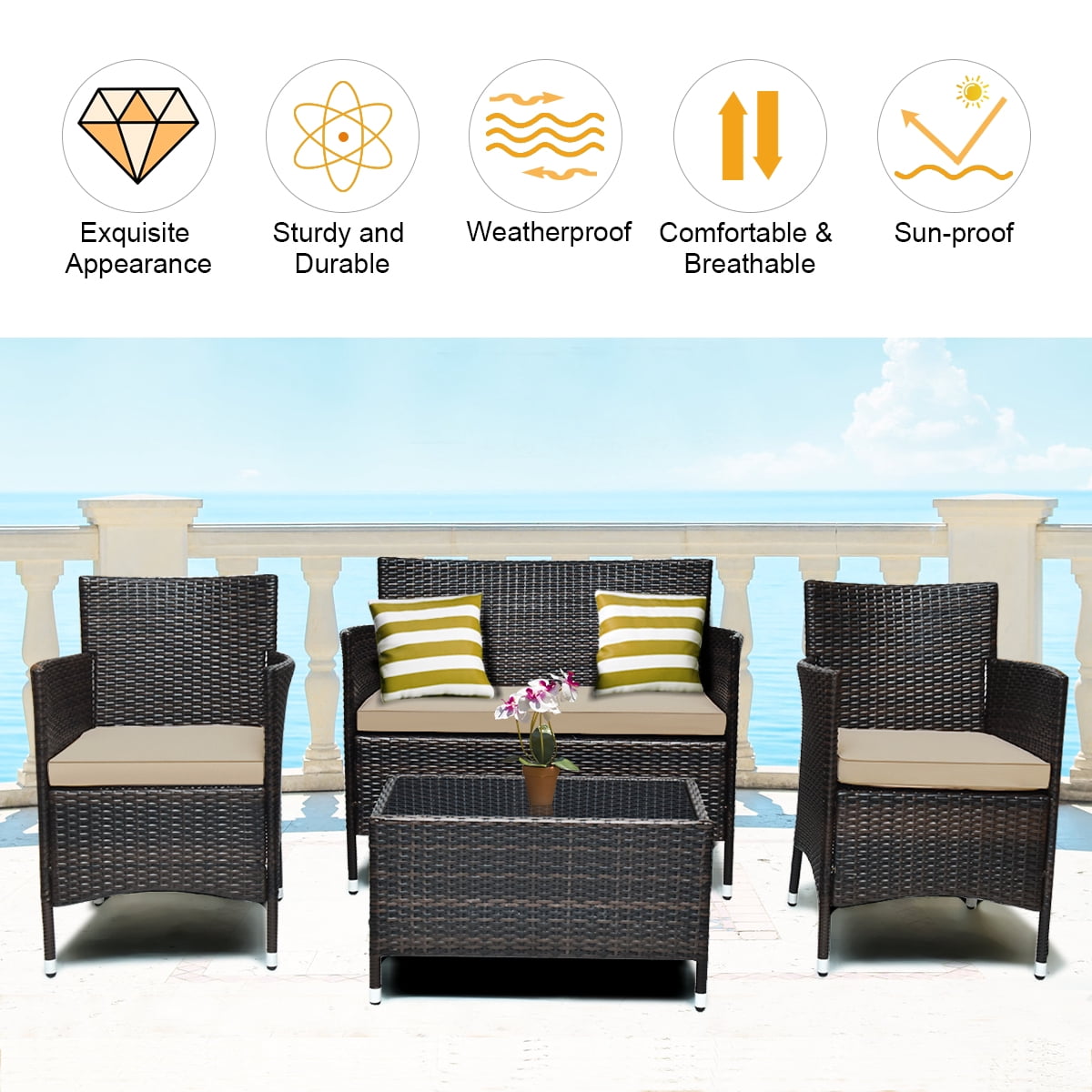Costway 8PCS Rattan Patio Furniture Set Cushioned Sofa Chair Coffee Table Garden